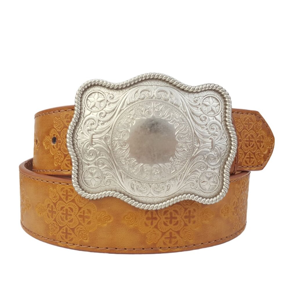 Western Silver Plaque Buckle with embossed belt